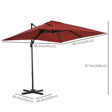 Outsunny 8' x 8' Square Patio Hanging Offset Umbrella with 360° Rotation, Aluminum Outdoor Cantilever Parasol with Crank & Tilt, Sun Canopy Shelter with Cross Base, Wine Red