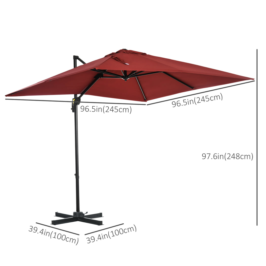 Outsunny 8' x 8' Square Patio Hanging Offset Umbrella with 360° Rotation, Aluminum Outdoor Cantilever Parasol with Crank & Tilt, Sun Canopy Shelter with Cross Base, Wine Red