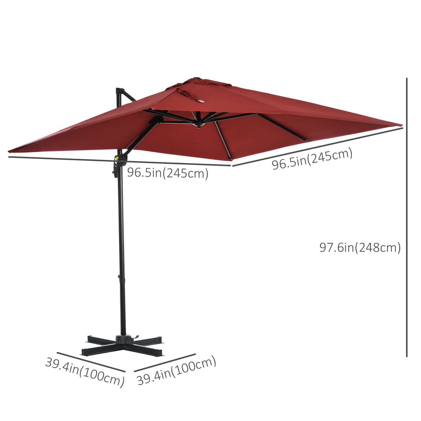 Outsunny 8' x 8' Square Patio Hanging Offset Umbrella with 360Â° Rotation, Aluminum Outdoor Cantilever Parasol with Crank & Tilt, Sun Canopy Shelter with Cross Base, Wine Red