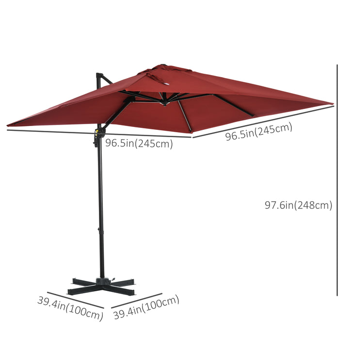Outsunny 8' x 8' Square Patio Hanging Offset Umbrella with 360° Rotation, Aluminum Outdoor Cantilever Parasol with Crank & Tilt, Sun Canopy Shelter with Cross Base, Wine Red