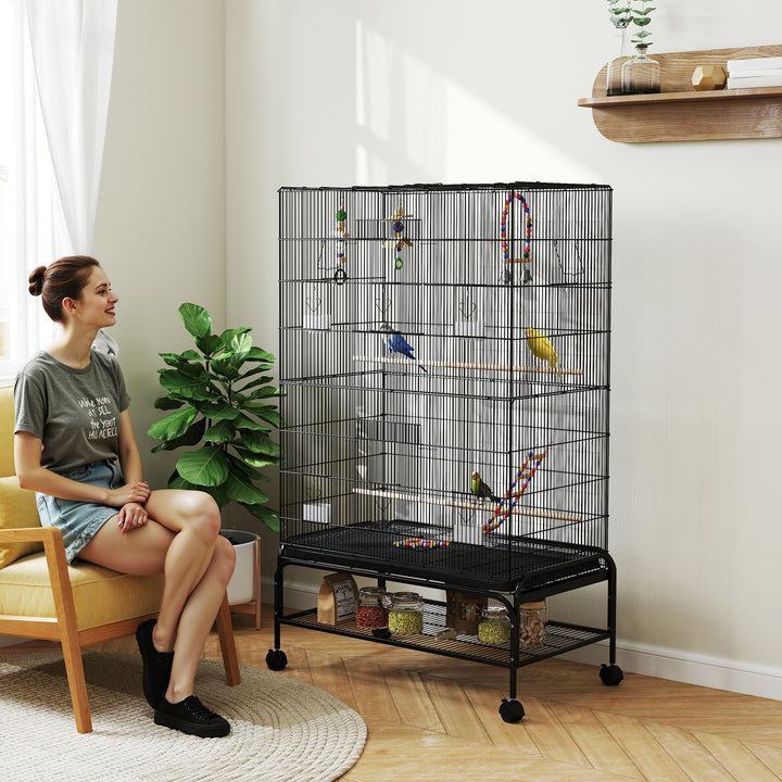 PawHut 63" Bird Cage w/ Open Top for Budgies, Cockatiels, Lovebirds Finches, Stand, Toys, Removable Tray, Storage Shelf