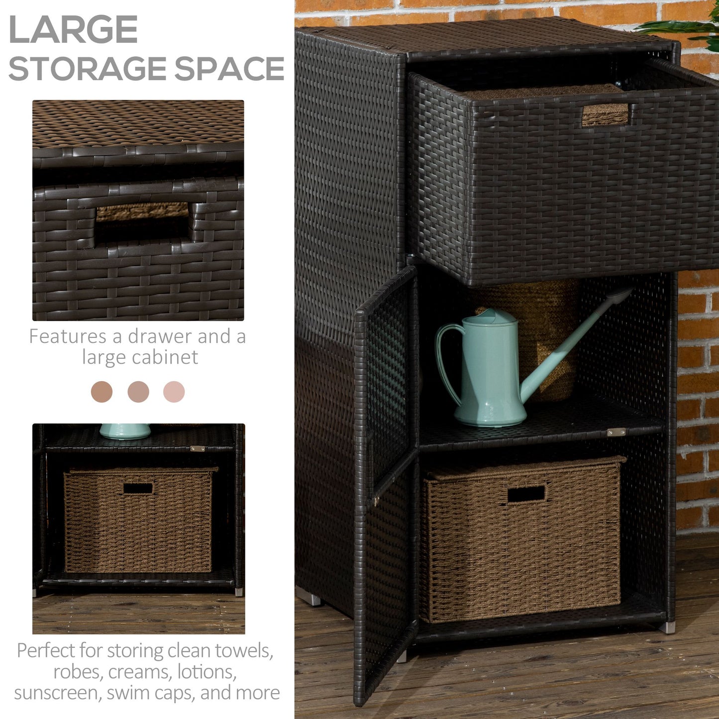 Outsunny Patio Storage Cabinet, Outdoor Towel Rack for Pool, Waterproof PE Rattan Wicker, Hot Tub Accessory, with Basket Drawer, Mixed Grey