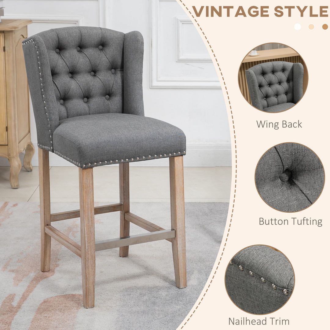 HOMCOM Counter Height Bar Stools Set of 2, Upholstered Bar Chairs with Nailhead Backrest and Footrest, Charcoal Grey