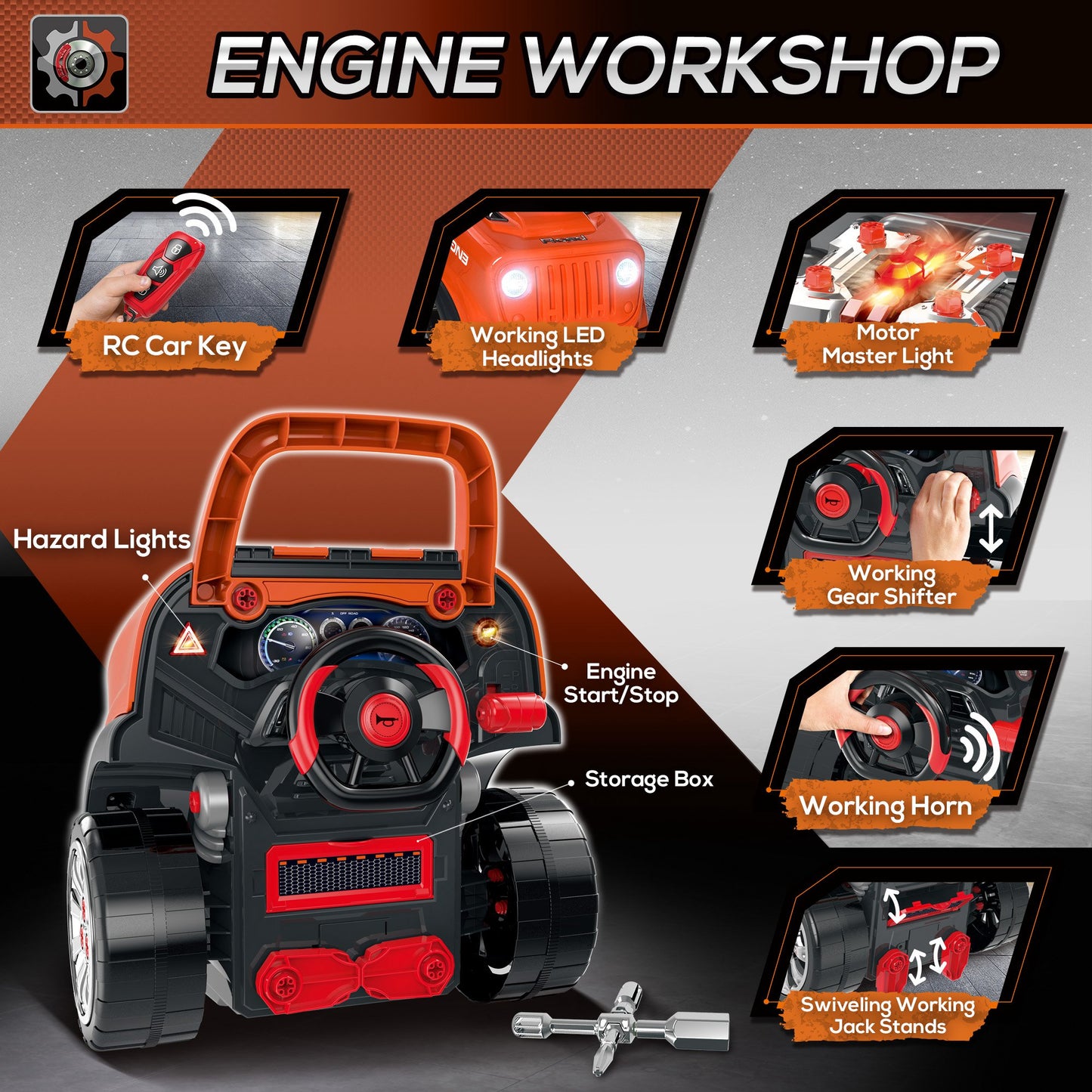 Qaba Kids Truck Engine Toys for Boys Girls 3 4 5 Years Old, Toddlers Construction Educational Repair Car Tool Set with Light and Sound, Orange