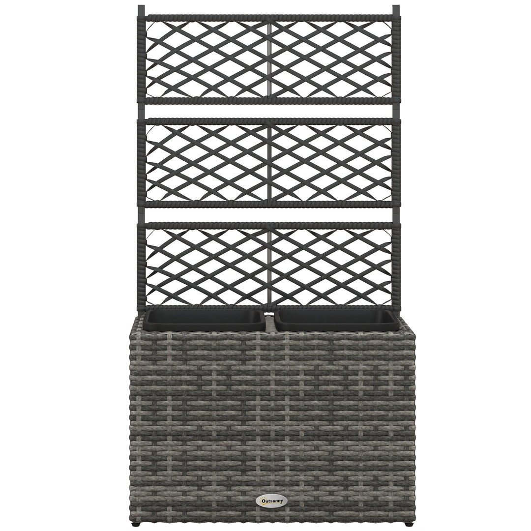 Outsunny 22L Raised Garden Box with Trellis, PE Rattan Free Standing Flower Raised Garden Bed with Two Plant Boxes, Garden Planter Box for Climbing Plants, Mixed Grey