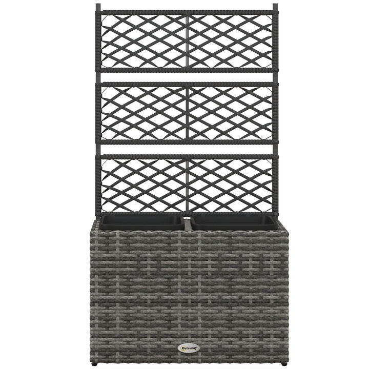 Outsunny 22L Raised Garden Box with Trellis, PE Rattan Free Standing Flower Raised Garden Bed with Two Plant Boxes, Garden Planter Box for Climbing Plants, Mixed Grey