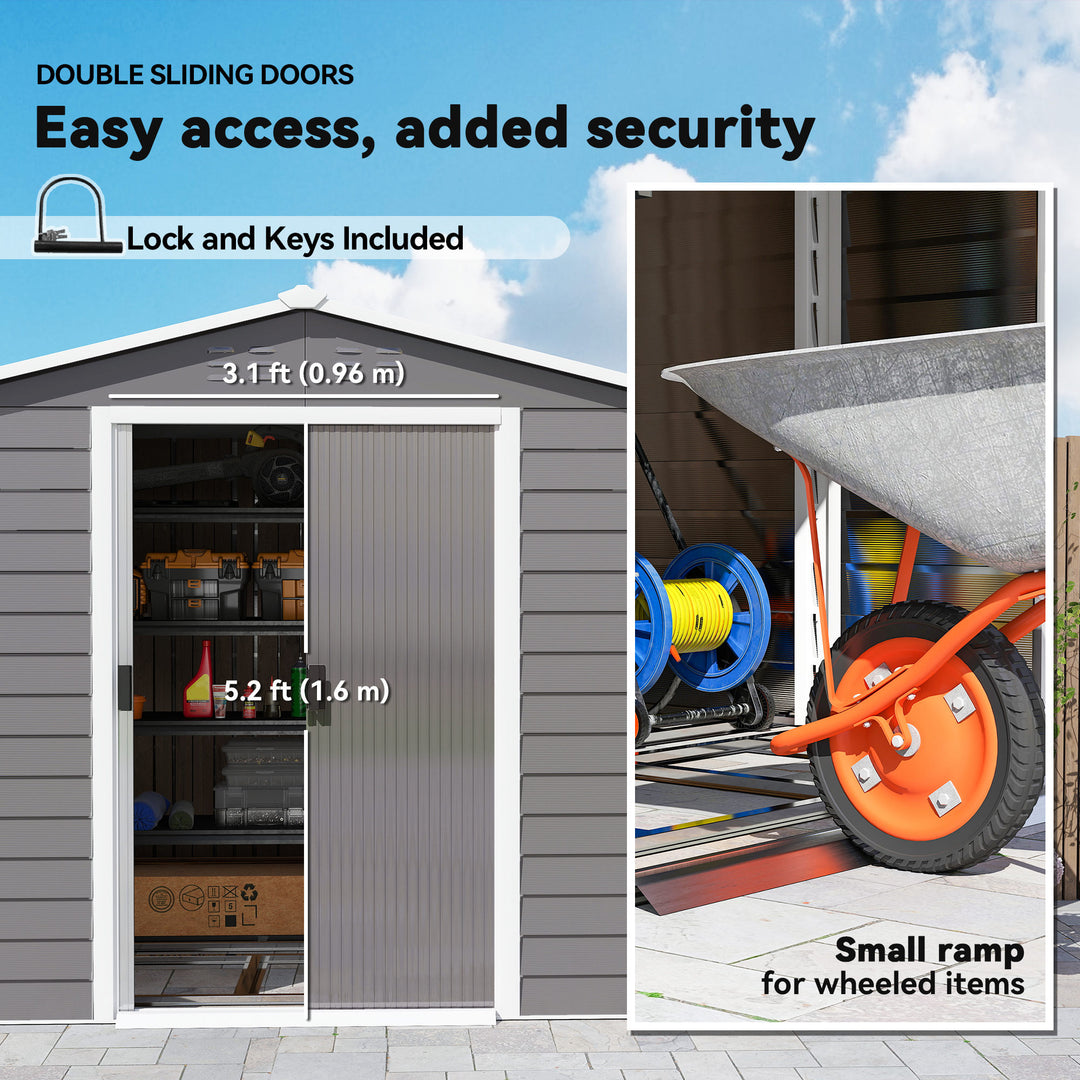 Outsunny 8' x 7' Outdoor Storage Shed, Galvanized Steel Metal Garden Shed with Lockable Doors, Floor Frame, Vents, Lock and Gloves for Backyard, Lawn, Patio, Teak