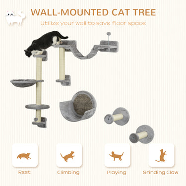 PawHut 5PCs Cat Wall Shelves with Hammock, Scratching Posts, Perches, Ladder, for Indoor Cats, Light Grey
