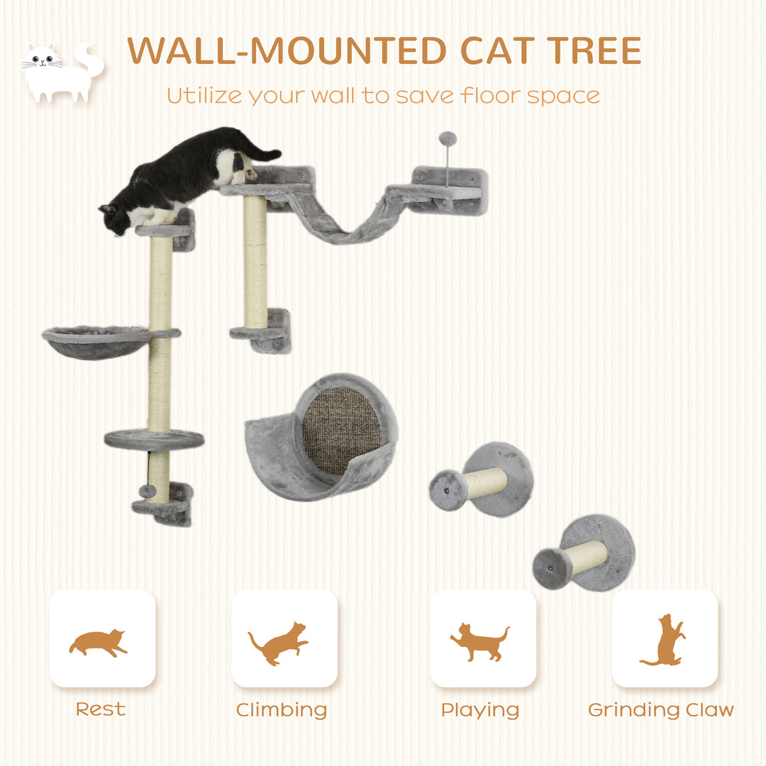 PawHut 5PCs Cat Wall Shelves with Hammock, Scratching Posts, Perches, Ladder, for Indoor Cats, Light Grey