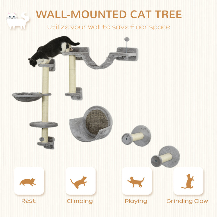 PawHut 5PCs Cat Wall Shelves with Hammock, Scratching Posts, Perches, Ladder, for Indoor Cats, Light Grey