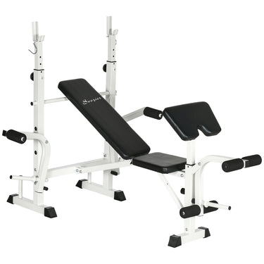 Soozier Bench Press Set Adjustable Weight Bench with Squat Rack, Preacher Curl Pad, Leg Developer and Weight Storage, White