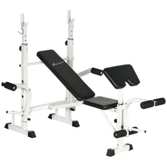Soozier Bench Press Set Adjustable Weight Bench with Squat Rack, Preacher Curl Pad, Leg Developer and Weight Storage, White