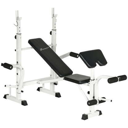 Soozier Bench Press Set Adjustable Weight Bench with Squat Rack, Preacher Curl Pad, Leg Developer and Weight Storage, White