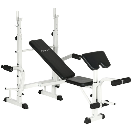 Soozier Bench Press Set Adjustable Weight Bench with Squat Rack, Preacher Curl Pad, Leg Developer and Weight Storage, White