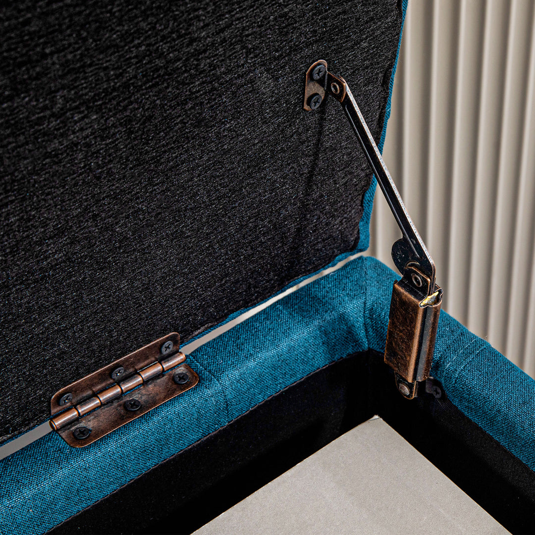 HOMCOM Storage Ottoman, Linen Fabric End of Bed Bench with Button Tufted Storage Bench for Bedroom, Blue