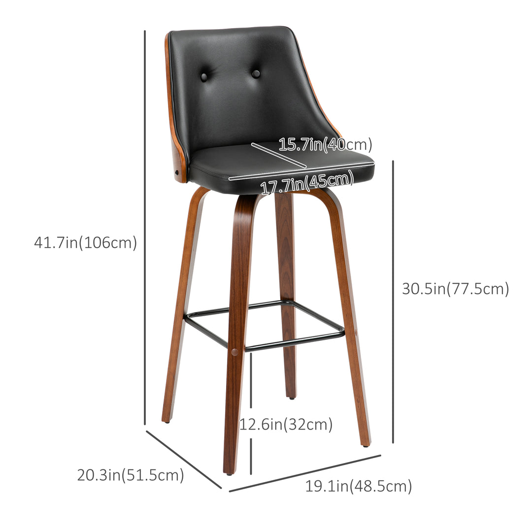 HOMCOM Bar Height Bar Stools Set of 2 PU Leather Upholstered Swivel Barstools with Solid Wood Legs Footrest and Tufted Back, Black