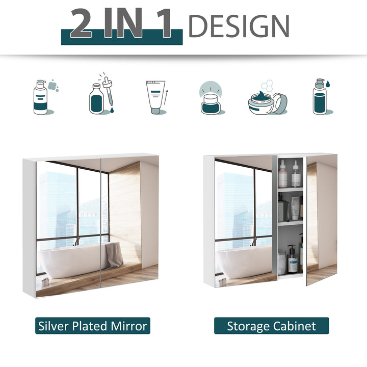 kleankin Wall Mounted Mirror Cabinet, Bathroom Medicine Cabinet with Mirror, 2 Doors and 3-tier Shelving, White