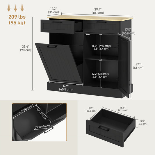 HOMCOM Hidden Garbage Bin Cabinet, Tilt Out Trash Cabinet w/ 2 Drawers, Freestanding Kitchen Island for Laundry, Black