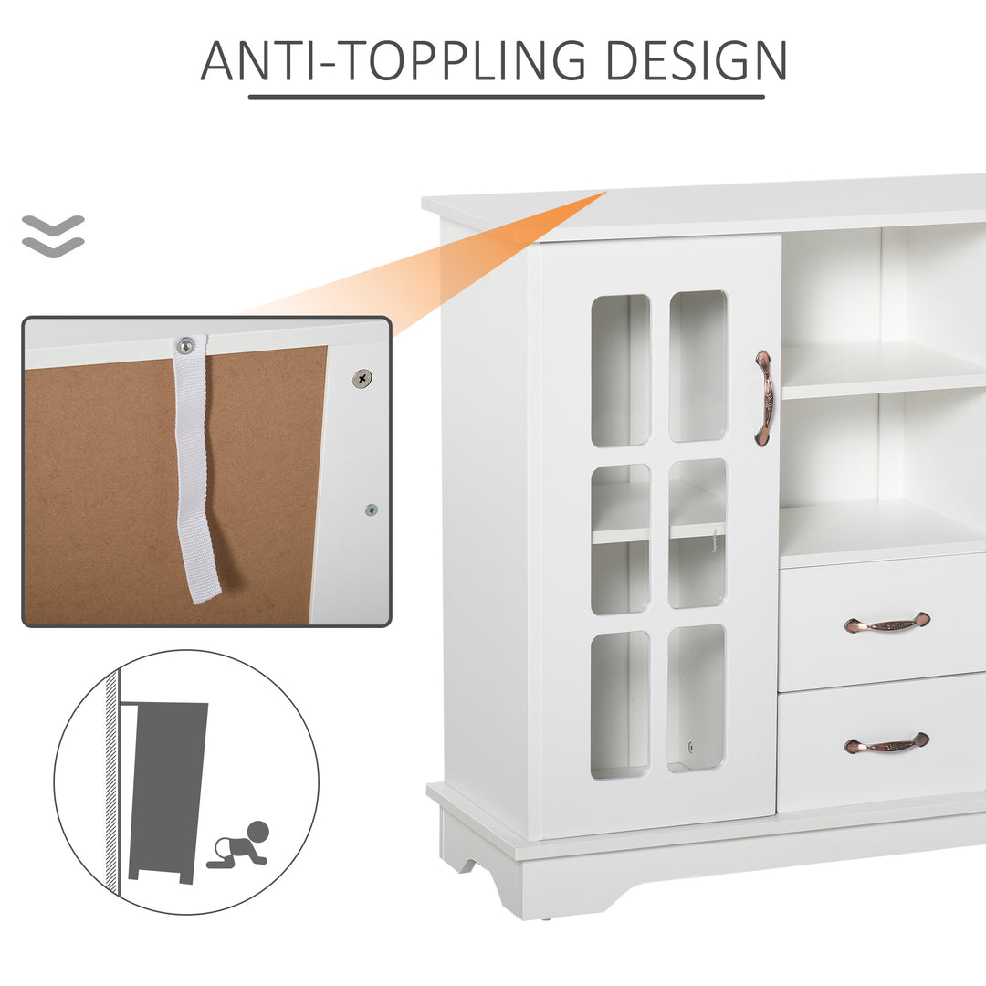 HOMCOM Modern Kitchen Sideboard with 2 Drawers, Coffee Bar Cabinet with Glass Doors Storage Cupboard and Open Shelf, White