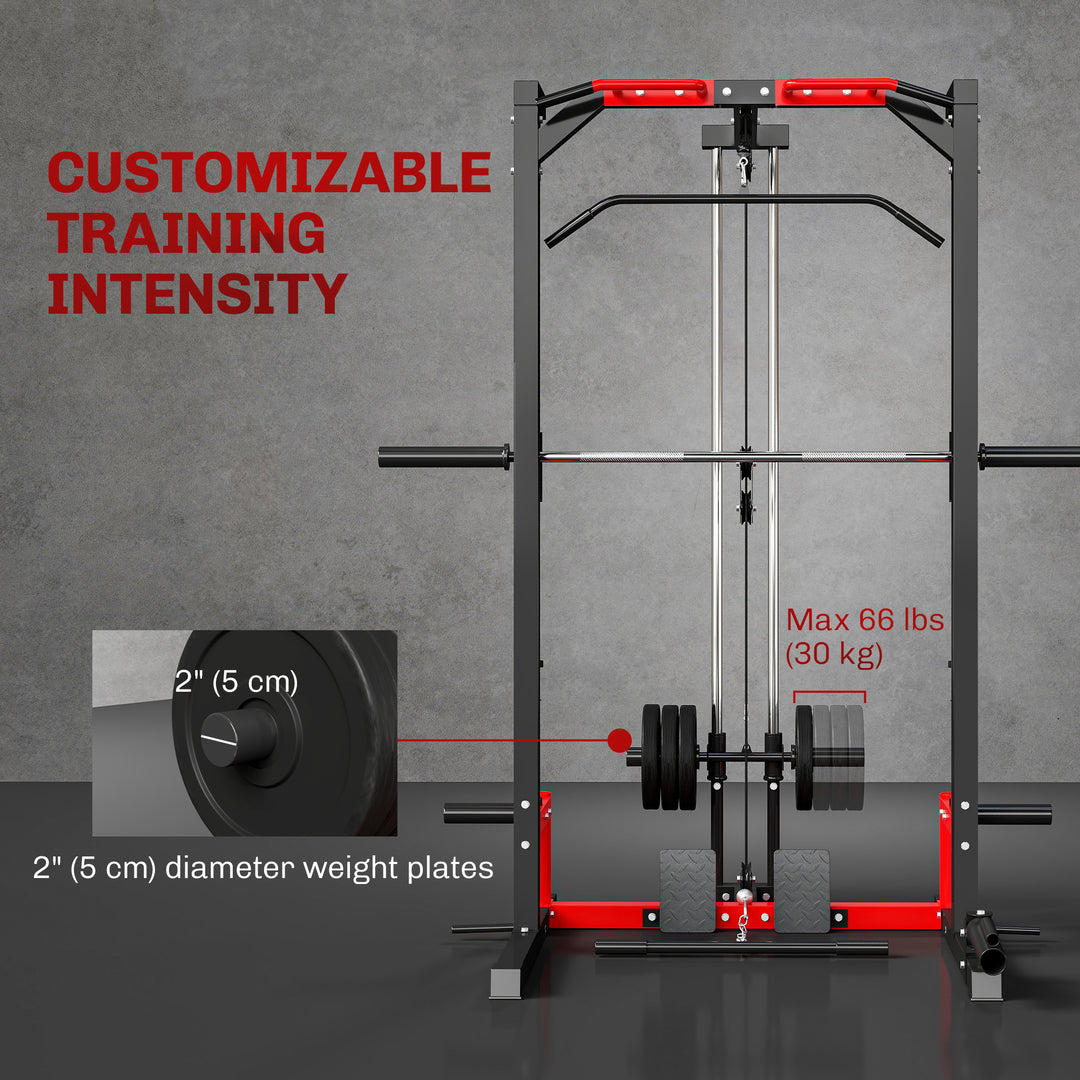 Soozier Smith Machine Power Rack with Pull Up Bar, Lat Pull Down System, Landmine, Squat Rack, Barbell Bar, for Home Gym