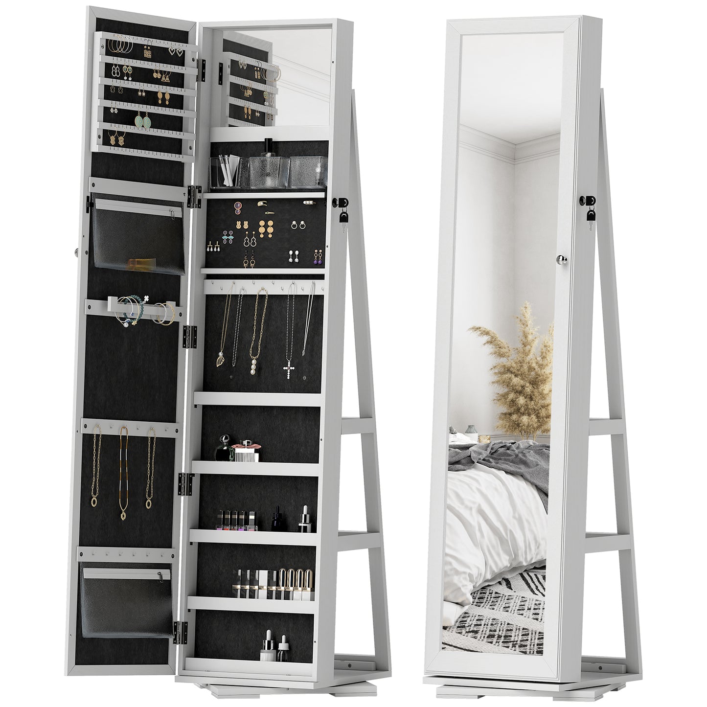 HOMCOM 360Â° Swivel Jewelry Armoire, Lockable Mirror Jewelry Cabinet with Built-In Small Mirror, White