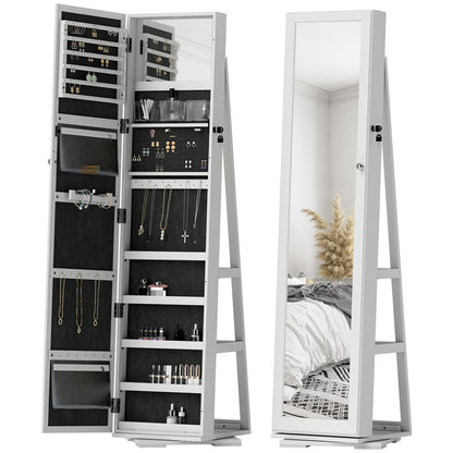 HOMCOM 360Â° Swivel Jewelry Armoire, Lockable Mirror Jewelry Cabinet with Built-In Small Mirror, White