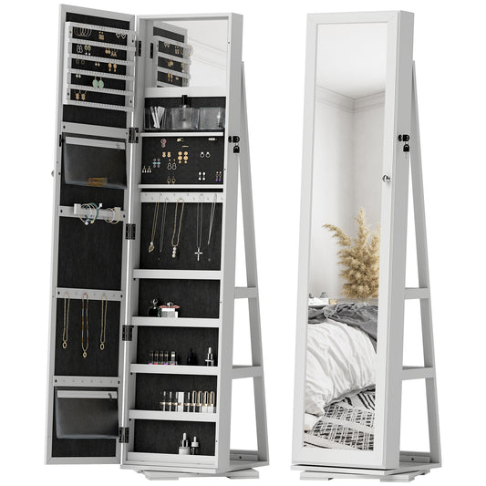 HOMCOM 360Â° Swivel Jewelry Armoire, Lockable Mirror Jewelry Cabinet with Built-In Small Mirror, White