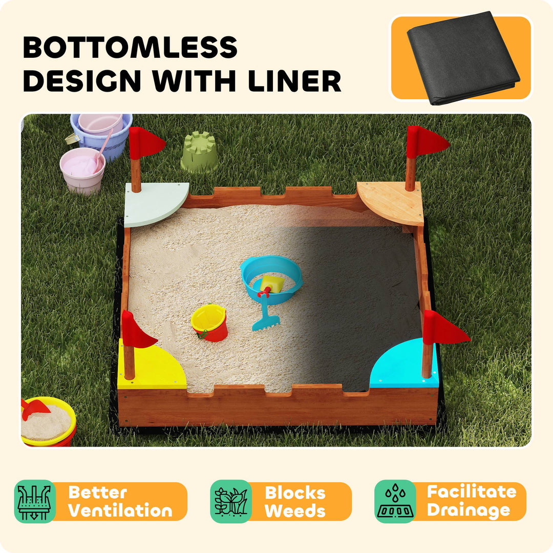 Qaba Kids Wooden Sandbox with Flags, 4 Colorful Built-in Corner Seating, Ground Liner, Gift for Ages 3-7, Wooden Brown