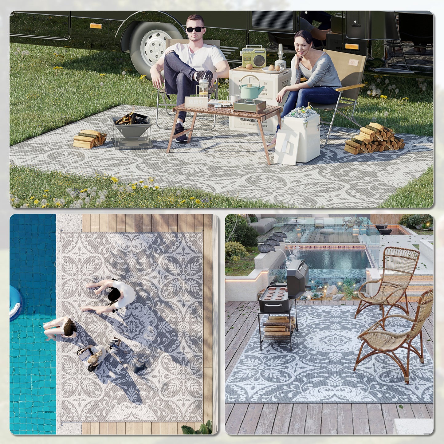 Outsunny Portable Outdoor Rug with Carry Bag, 9' x 12' Reversible Mat, Waterproof Plastic Straw RV Rug for Backyard, Deck, Picnic, Beach, Camping, Blue & White Flower