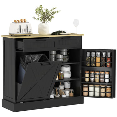 HOMCOM 10 Gallon Hidden Garbage Bin Cabinet, Tilt Out Trash Cabinet w/ 2 Drawers, Freestanding Kitchen Island, Black