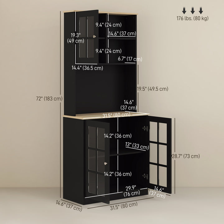 HOMCOM Kitchen Buffet with Hutch, Storage Pantry with 3 Cabinets, 2 Open Shelves and Large Countertop, Black