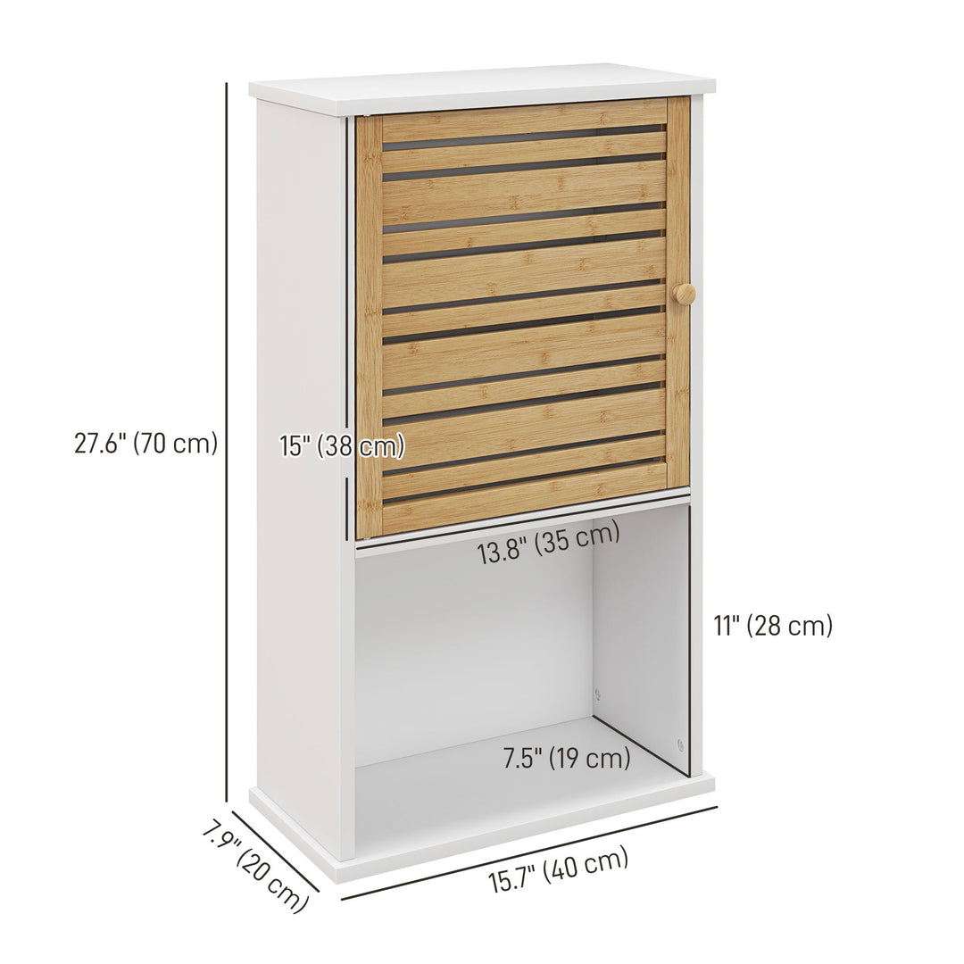 HOMCOM Wall Mounted Bathroom Cabinet with Storage, Bathroom Wall Cabinet with Bamboo Slat Door and Adjustable Shelf, White