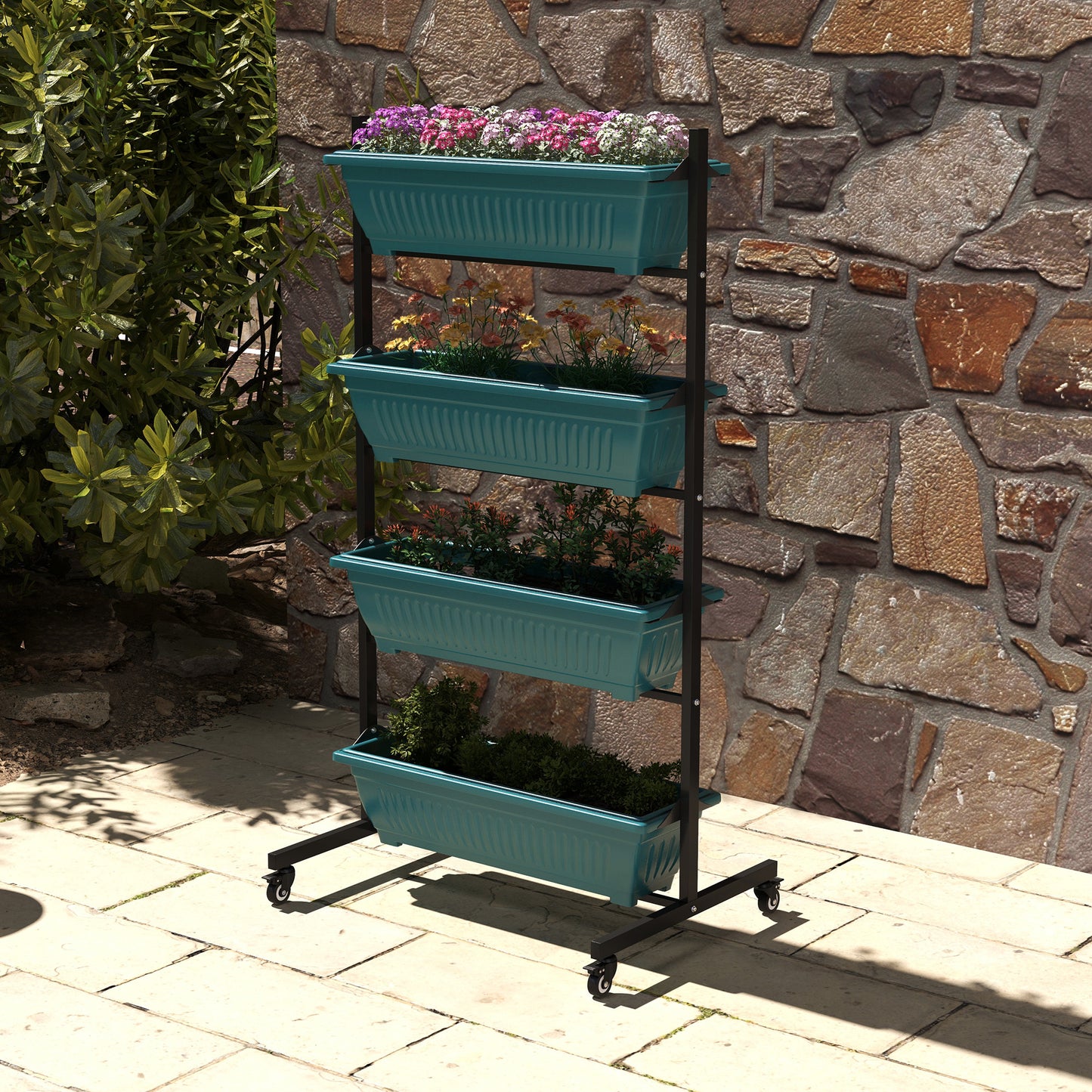 Outsunny 4-Tier Vertical Raised Garden Planter with 4 Boxes, Wheels, Outdoor Plant Stand for Vegetable Flowers, Brown