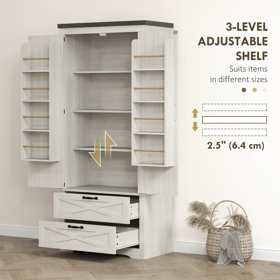 HOMCOM Farmhouse Kitchen Pantry Storage Cabinet, 64" Freestanding Kitchen Pantry Cabinet with Drawers, Distressed White