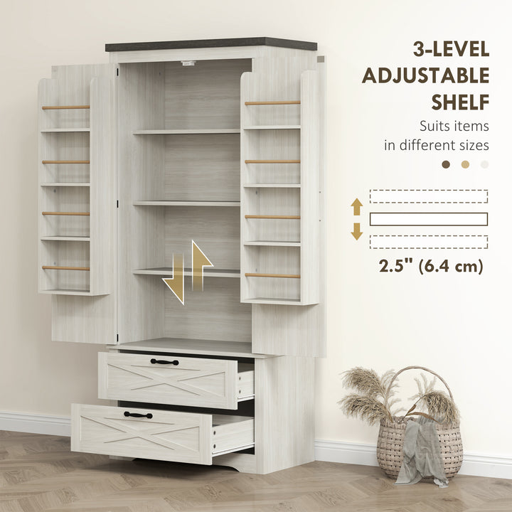 HOMCOM Farmhouse Kitchen Pantry Storage Cabinet, 64" Freestanding Kitchen Pantry Cabinet with Drawers, Distressed White