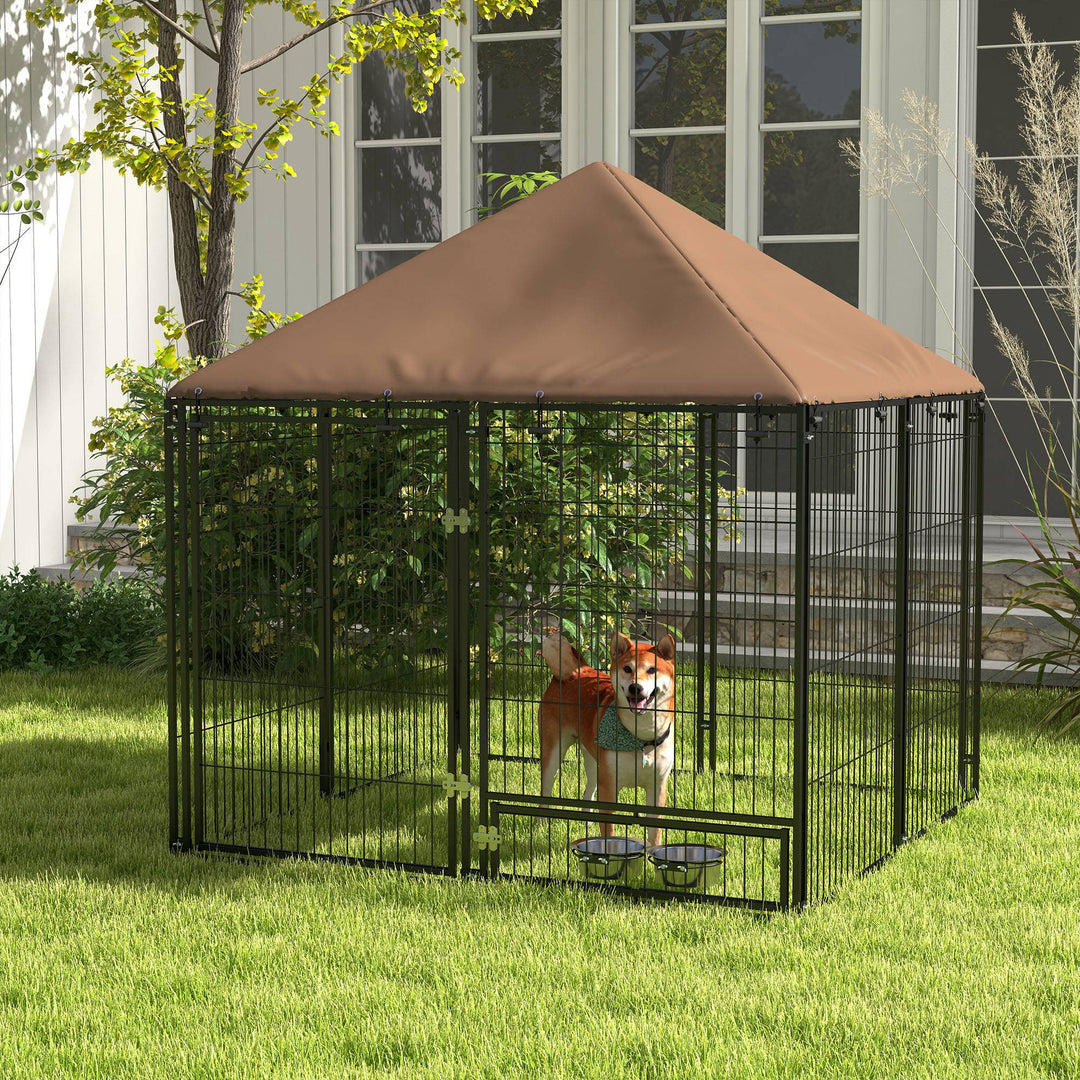 PawHut 4.6' x 4.6' x 5' Outdoor Dog Kennel with Canopy, Rotating Bowls, Coffee
