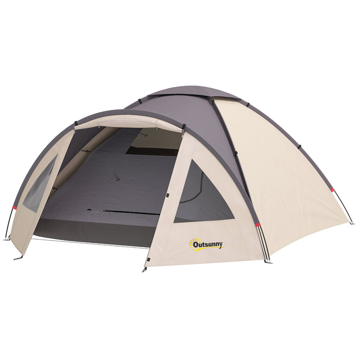 Outsunny 3 Person Camping Tent, Waterproof Family Dome Tent with Bedroom, Porch, Sewn-in Groundsheet and Hook, Khaki