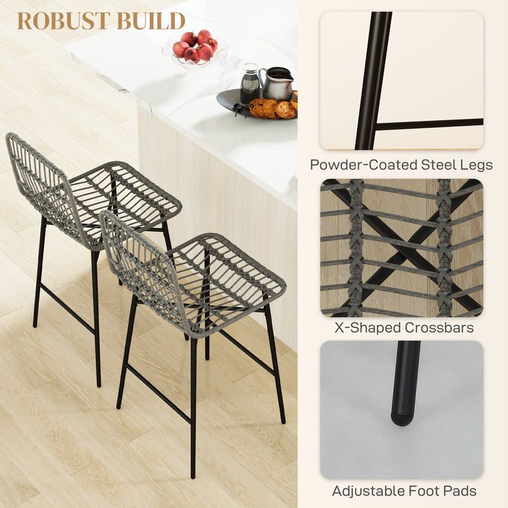 HOMCOM Rattan Counter Height Bar Stools Set of 2, 26" Counter Stools with Back, Modern Bar Chairs for Kitchen Island, Grey