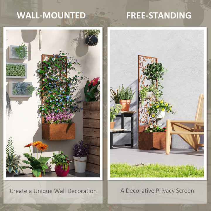 Outsunny Raised Garden Bed with Outdoor Privacy Screen, Metal Planter Box with Trellis, Wall-Mounted or Freestanding, Brown