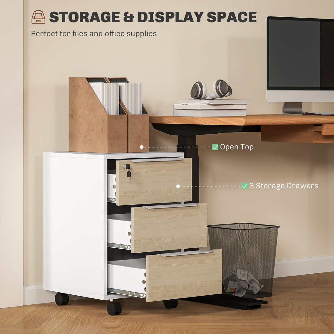 HOMCOM 3 Drawer File Cabinet with Wheels, Vertical Filing Cabinet with Lock, Grey