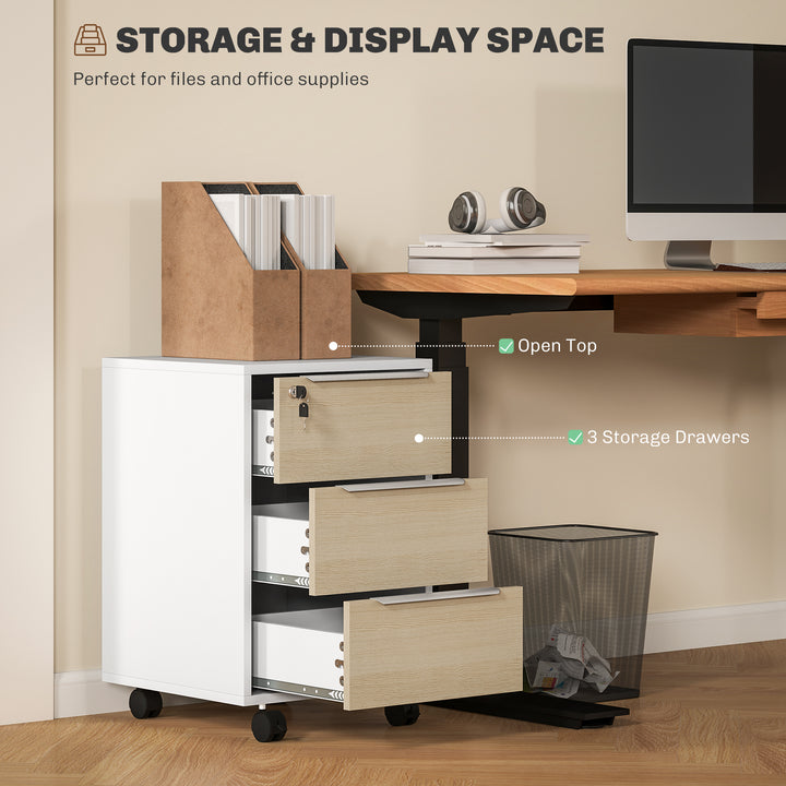 HOMCOM 3 Drawer File Cabinet with Wheels, Vertical Filing Cabinet with Lock, Grey