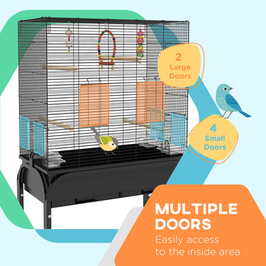 PawHut 51" Bird Cage for Budgies Canaries Finches Lovebirds Parakeets with Rolling Stand, Toys, Black