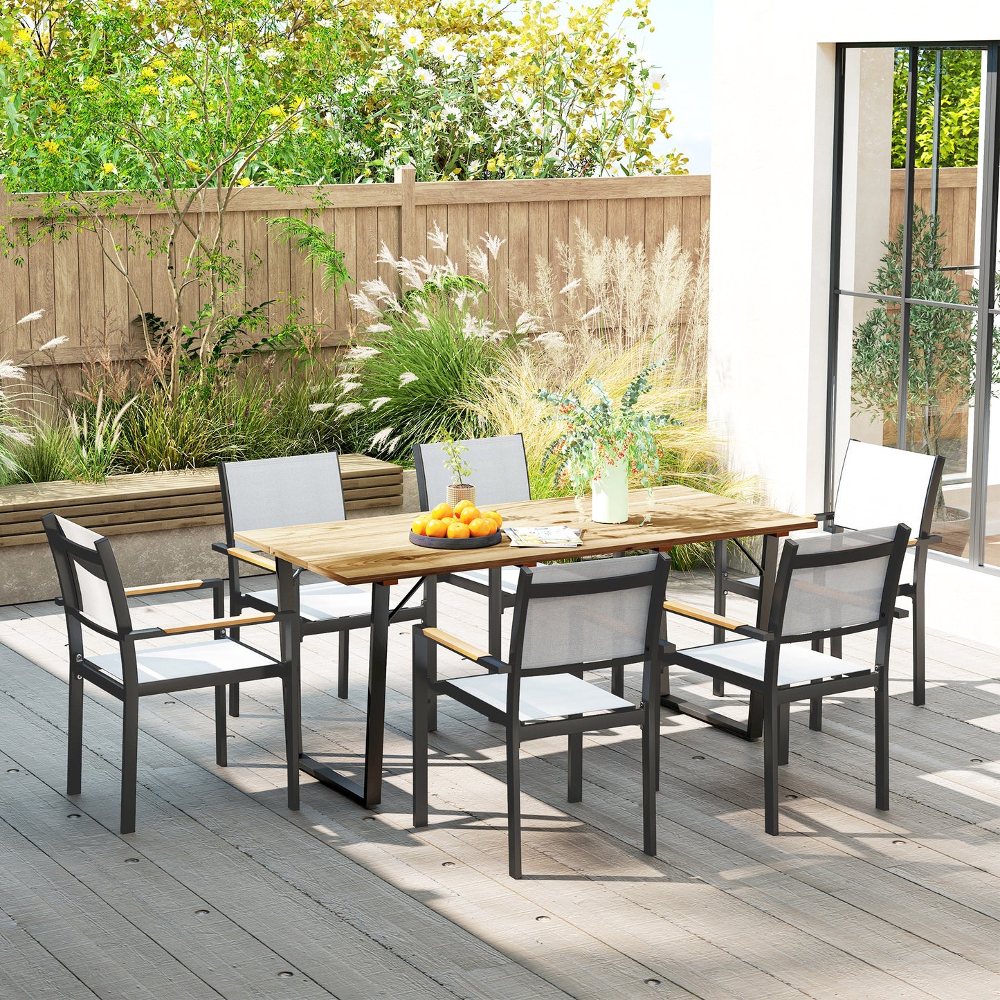 Outsunny Wooden Outdoor Dining Table for 6 with 2" Umbrella Hole, Slatted Tabletop, Metal Frame, for Yard, Deck, Lawn