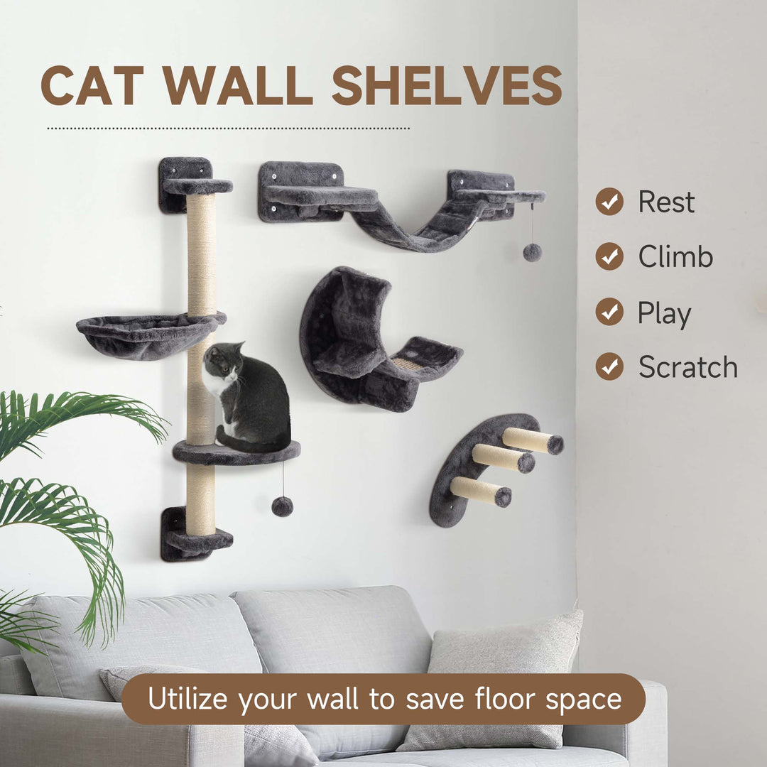 PawHut 4Pcs Cat Wall Shelf with Scratching Post, Cat Wall Shelves for Relaxing, Climbing, Cat Wall With Soft Ladder, Hammock, Play Balls, Grey