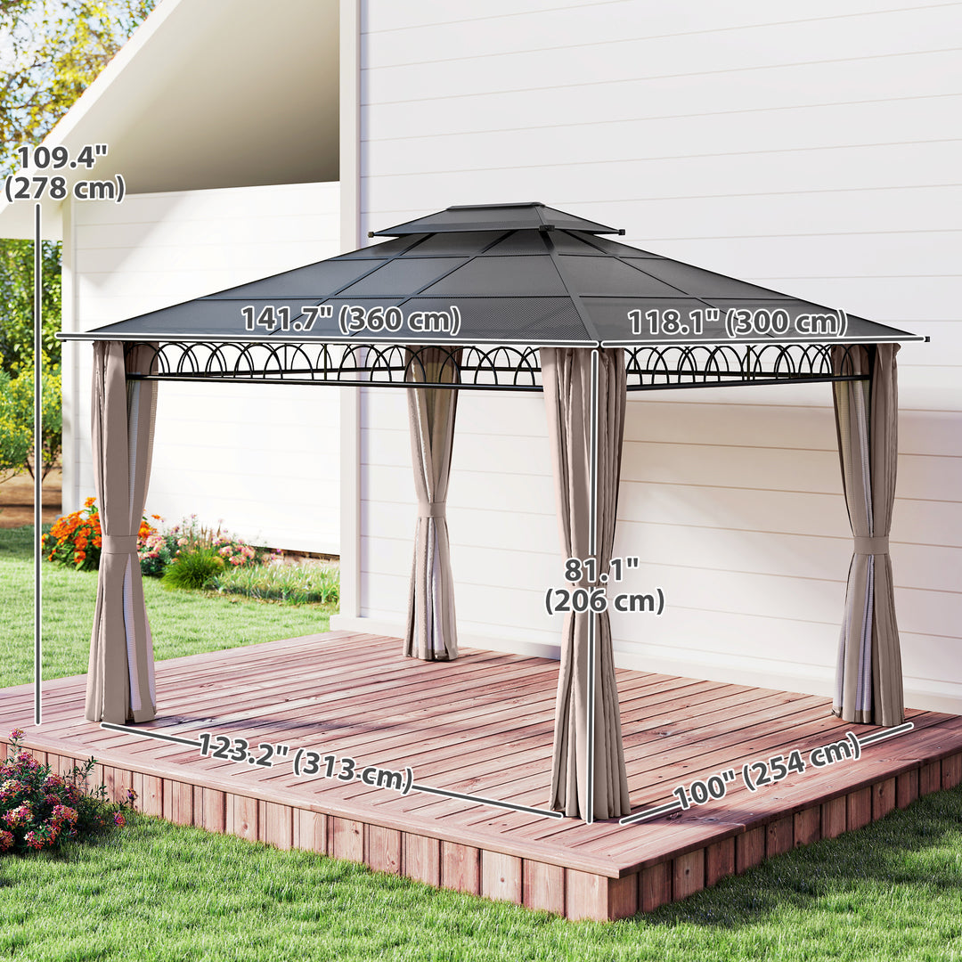 Outsunny 10' x 12' Outdoor Gazebo Canopy, Double Roof Hardtop Gazebo with Polycarbonate Roof, Steel Frame, Nettings and Curtains, for Garden, Lawn, Backyard and Deck, Khaki