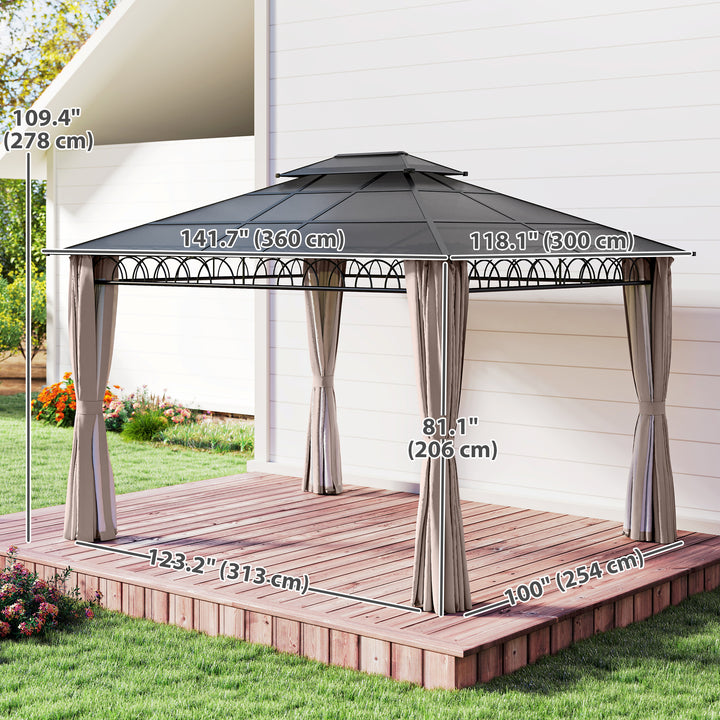 Outsunny 10' x 12' Outdoor Gazebo Canopy, Double Roof Hardtop Gazebo with Polycarbonate Roof, Steel Frame, Nettings and Curtains, for Garden, Lawn, Backyard and Deck, Khaki