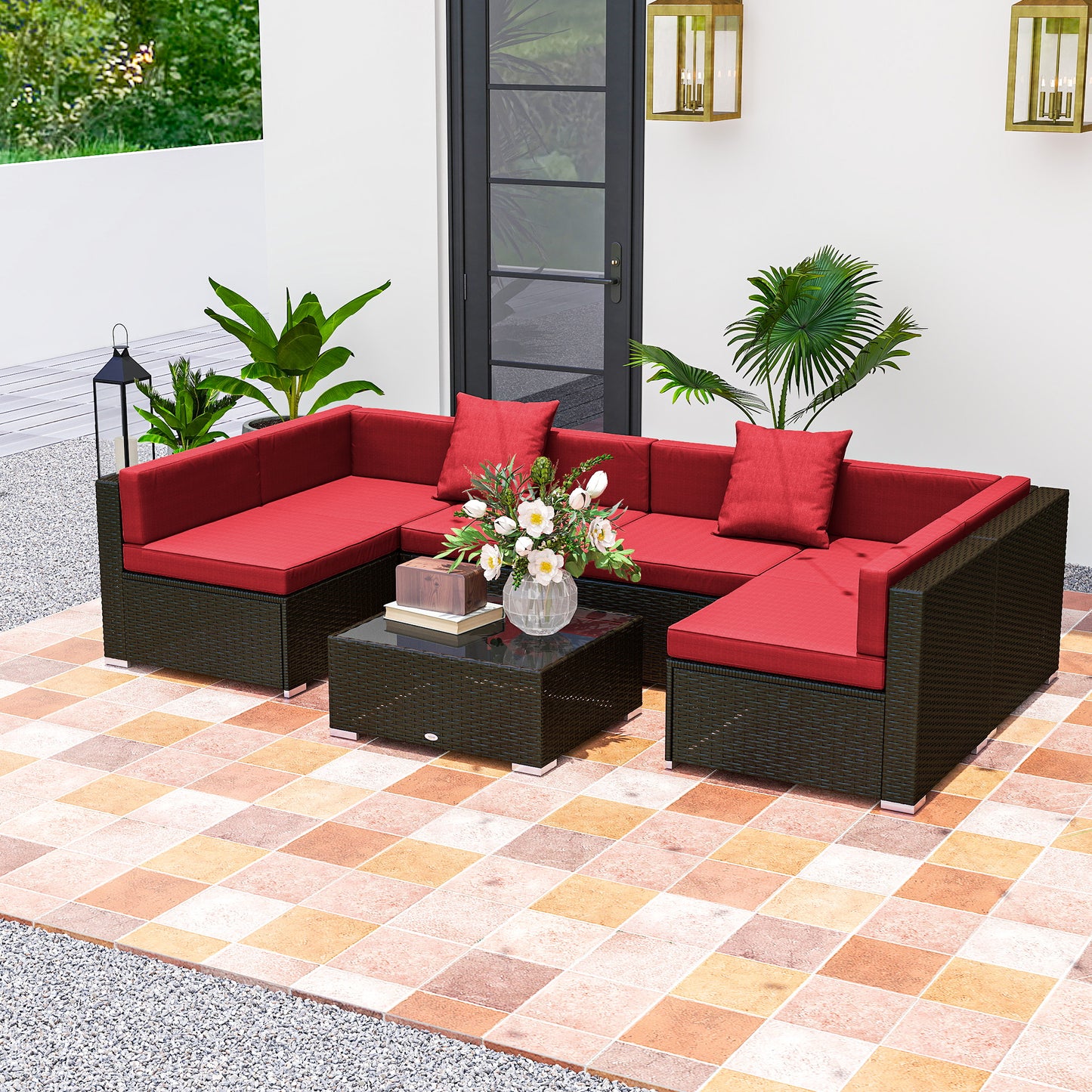 Outsunny 7pc Garden Wicker Sectional Set w/ Tea Table Patio Rattan Lounge Sofa Outdoor Deck Furniture Blue