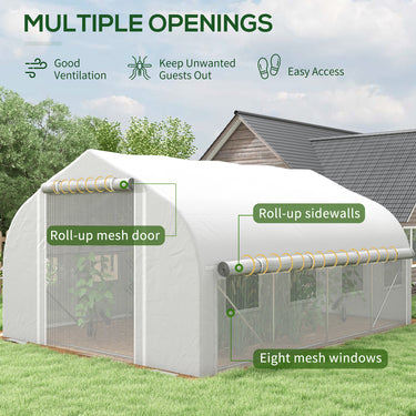 Outsunny 13 x 9.8ft Walk-in Polytunnel Greenhouse, Zipped Roll Up Sidewalls, Mesh Door, 8 Mesh Windows, Tunnel Warm House Tent with PE Cover, Plant Labels and Gloves, White