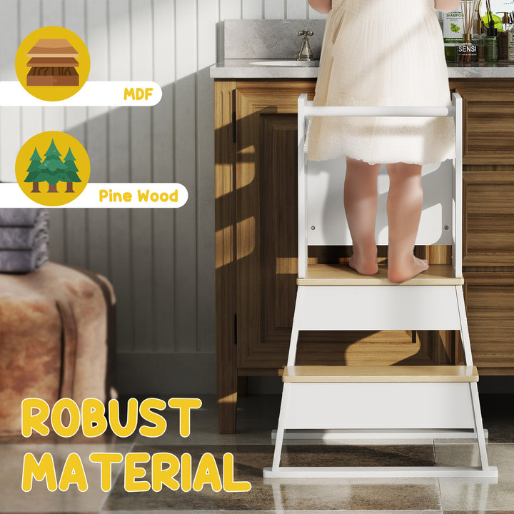 Qaba 2 in 1 Toddler Tower Kitchen Helper w/ Chalkboard, Safety Rail, for Counter, Bathroom, Sink, Kitchen, White