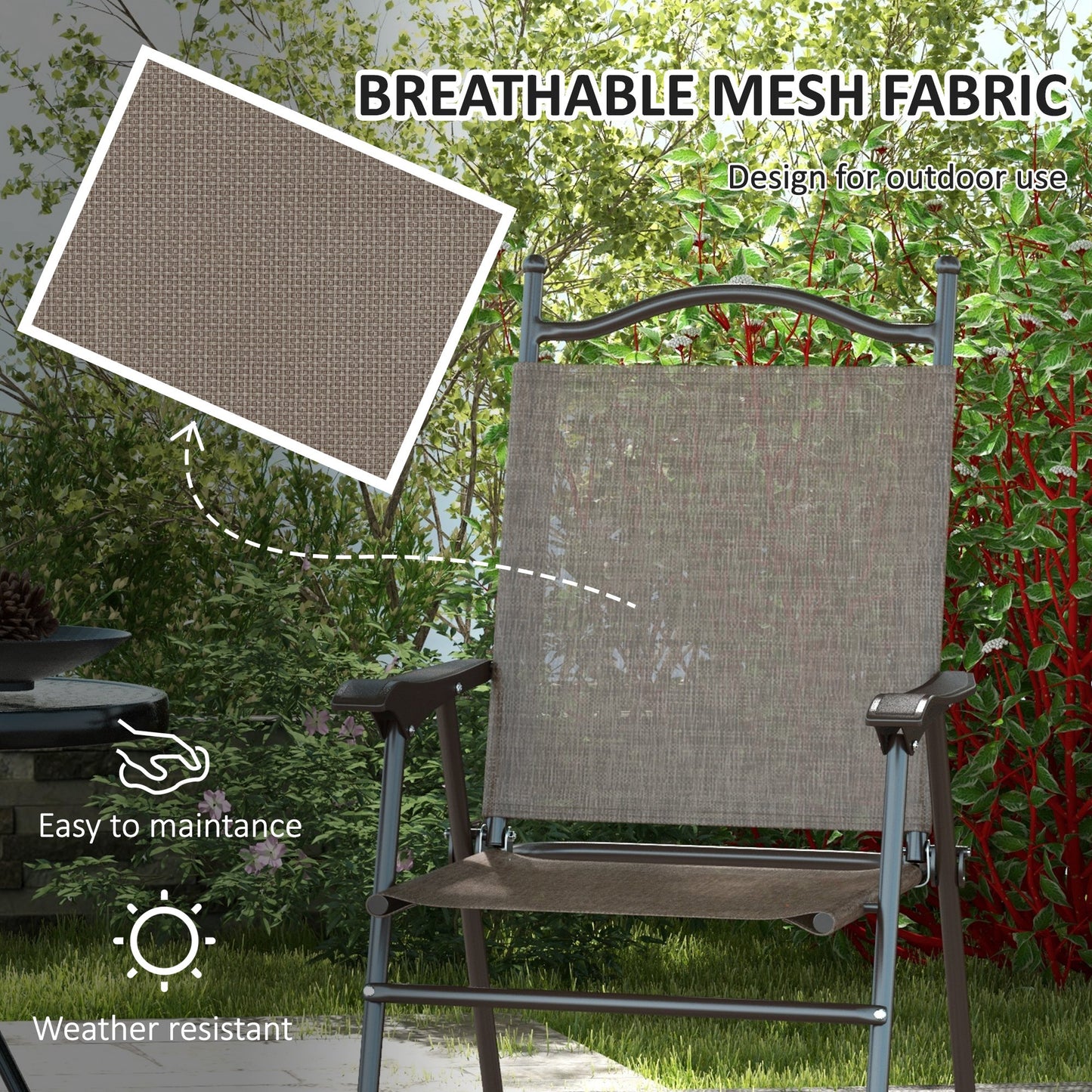 Outsunny 2 Pieces Folding Patio Camping Chairs Set, Sports Chairs for Adults with Armrest, Mesh Fabric Seat for Lawn
